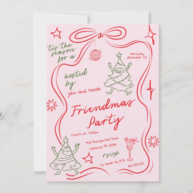 Quirky Doodle Christmas Friendmas Party Invitation (Front)