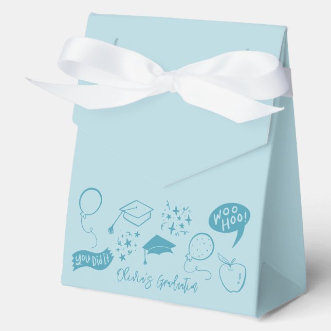 Quirky Doodle Graduation Party Blue Favor Boxes (Front)