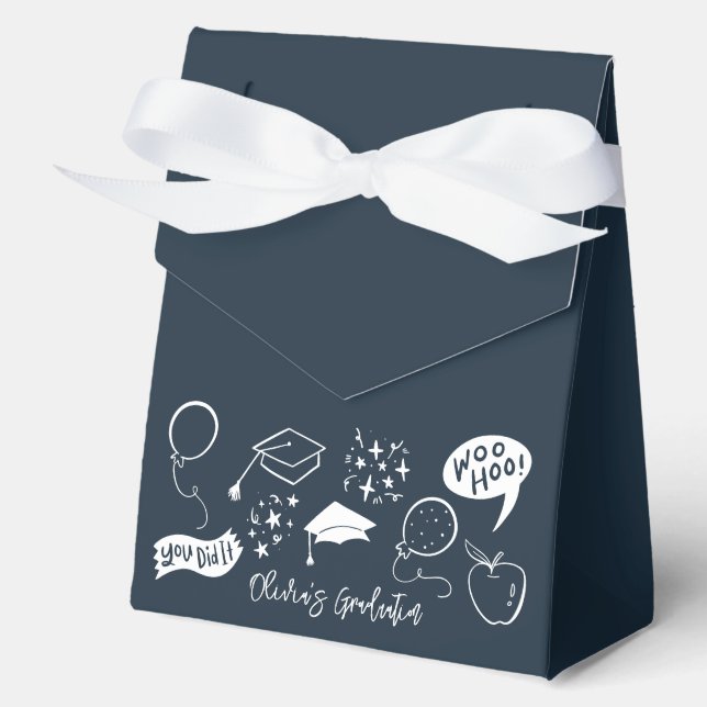 Quirky Doodle Graduation Party Navy Blue Favor Boxes (Front)