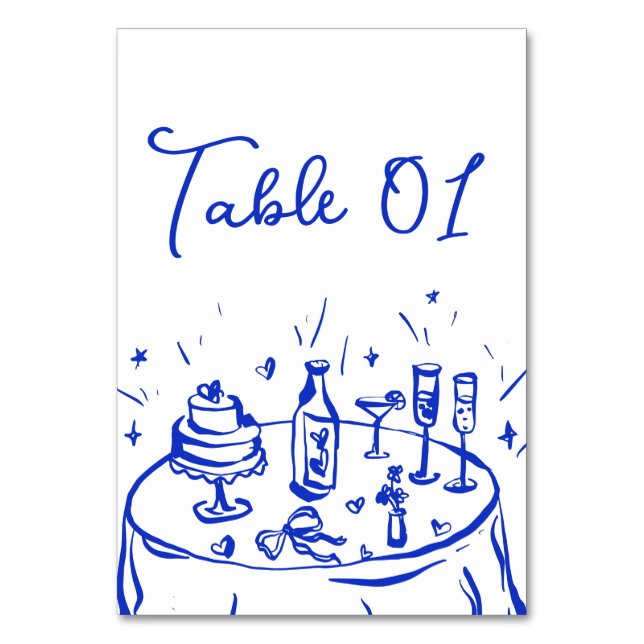 Quirky Doodle Hand Drawn Blue table Number (Front)