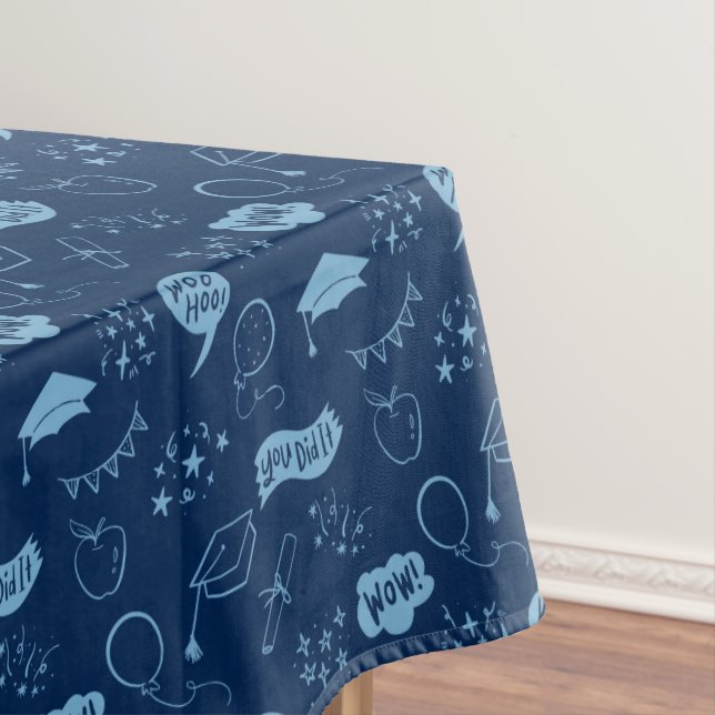 Quirky Doodle Navy Blue Graduation Party Tablecloth (In Situ)