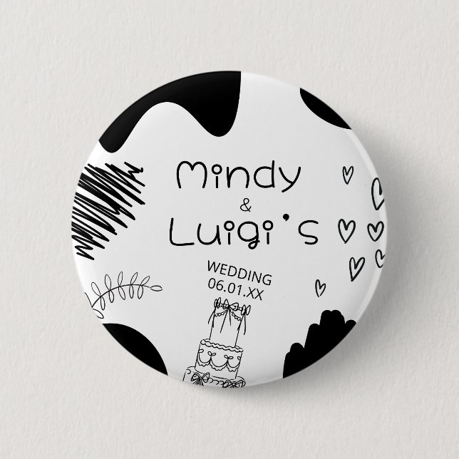 Quirky Doodle Shapes Script Wedding Button (Front)