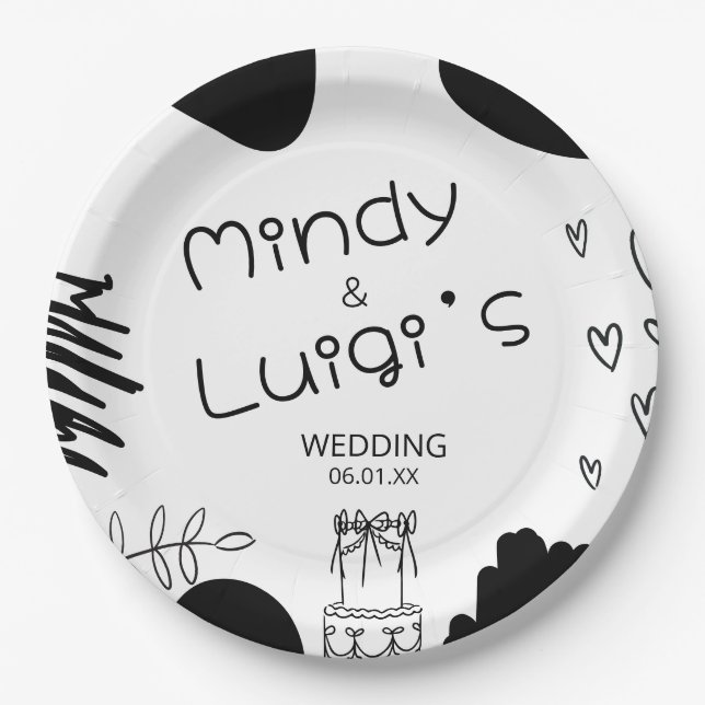Quirky Doodle Shapes Script Wedding Paper Plates (Front)