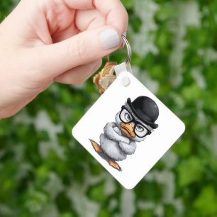 Quirky Duck Portrait with Glasses and Hat Keychain