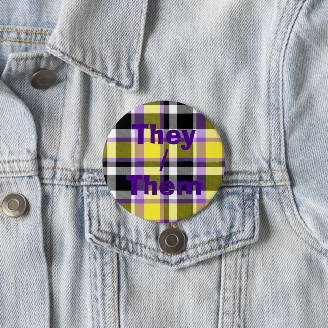 Quirky Eclectic Boho Nonbinary Plaid Pride Flag Button (In Situ)