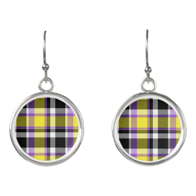 Quirky Eclectic Boho Nonbinary Plaid Pride Flag Earrings (Front)