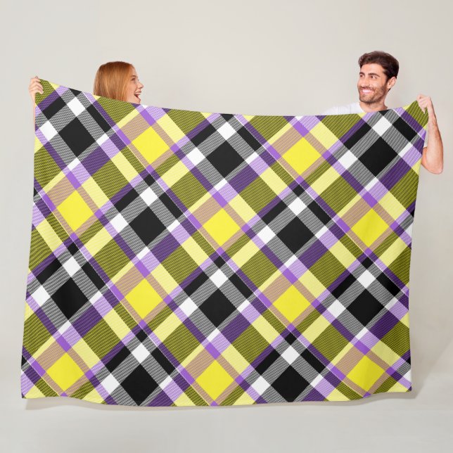 Quirky Eclectic Boho Nonbinary Plaid Pride Flag Fleece Blanket (In Situ)