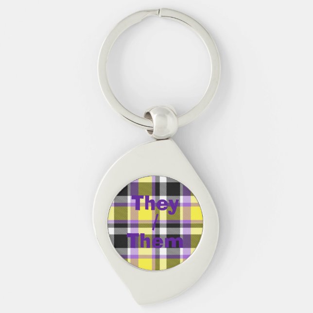 Quirky Eclectic Boho Nonbinary Plaid Pride Flag Keychain (Front)