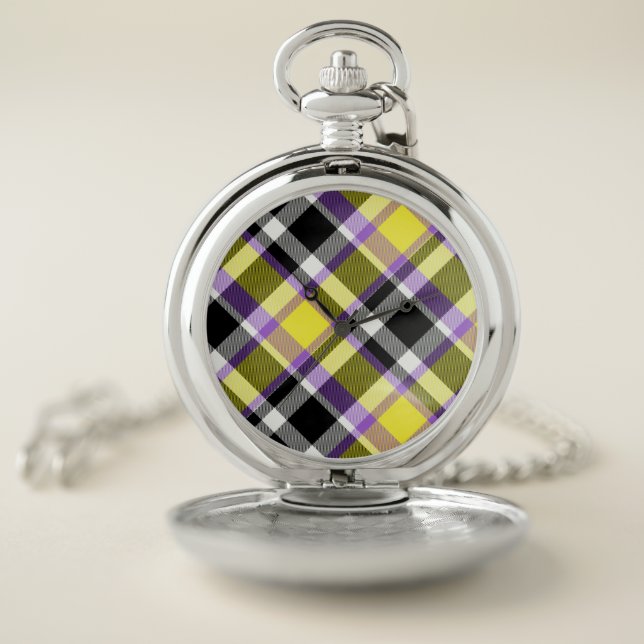 Quirky Eclectic Boho Nonbinary Plaid Pride Flag Pocket Watch (Inside)
