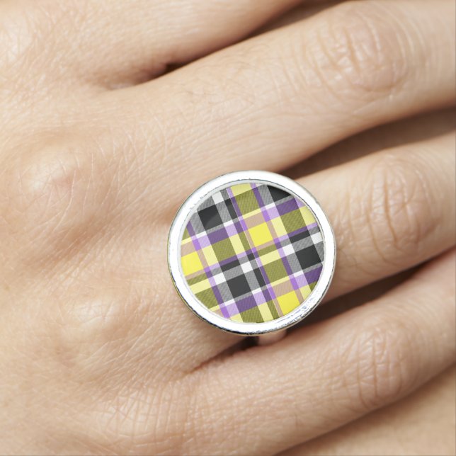 Quirky Eclectic Boho Nonbinary Plaid Pride Flag Ring (In Situ)