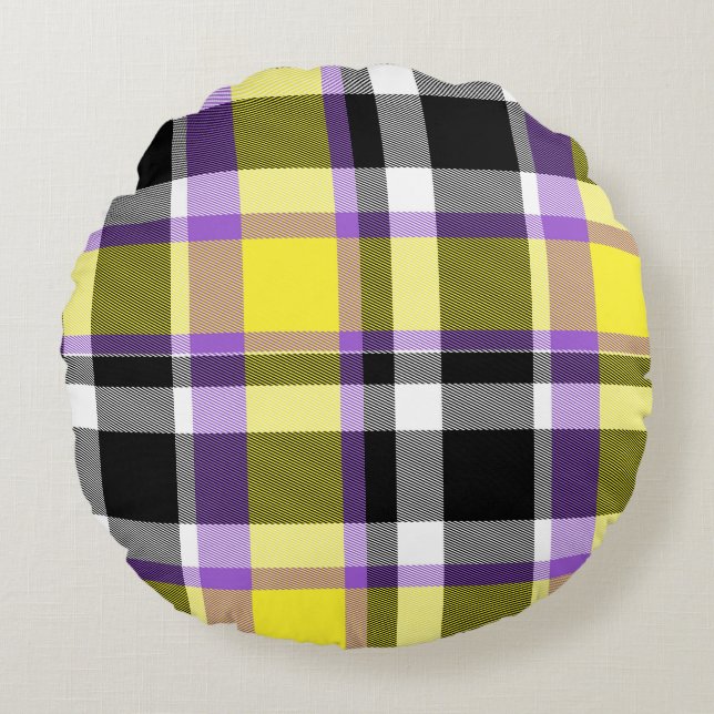 Quirky Eclectic Boho Nonbinary Plaid Pride Flag Round Pillow (Front)