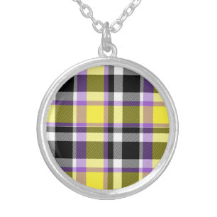 Quirky Eclectic Boho Nonbinary Plaid Pride Flag Silver Plated Necklace