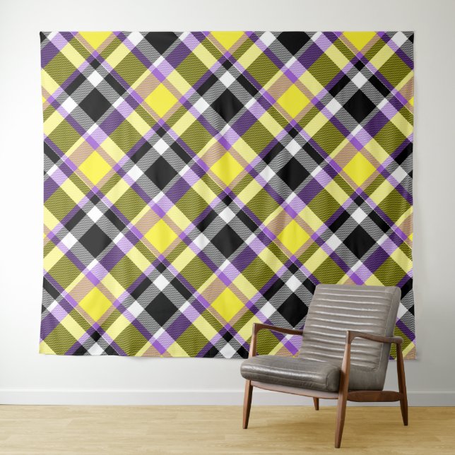 Quirky Eclectic Boho Nonbinary Plaid Pride Flag Tapestry (In Situ (Horizontal))