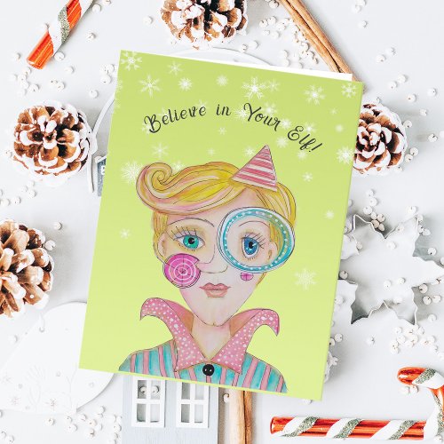 Quirky Elf Whimsical Funny Add Name Pink Christmas Holiday Card