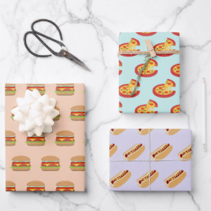 Quirky Fast Food Burger Pizza and Hot Dog Patterns Wrapping Paper Sheets
