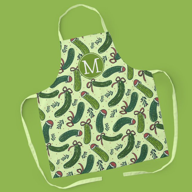 Quirky Festive Christmas Pickles Pattern Apron (Quirky Festive Christmas Pickle Pattern with custom monogram)