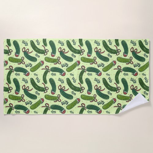 Quirky Festive Christmas Pickles Pattern Beach Towel