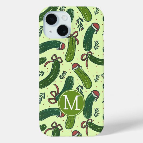 Quirky Festive Christmas Pickles Pattern iPhone 15 Case