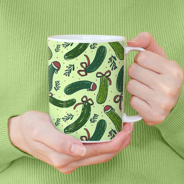 Quirky Festive Christmas Pickles Pattern Coffee Mug (Christmas Pickle Pattern Tall Mug)