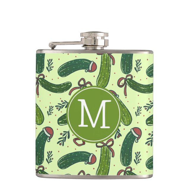 Quirky Festive Christmas Pickles Pattern Flask (Front)