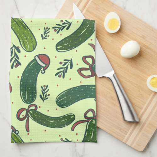Quirky Festive Christmas Pickles Pattern Kitchen Towel