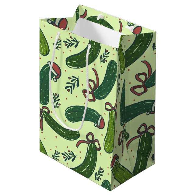 Quirky Festive Christmas Pickles Pattern Medium Gift Bag (Front Angled)