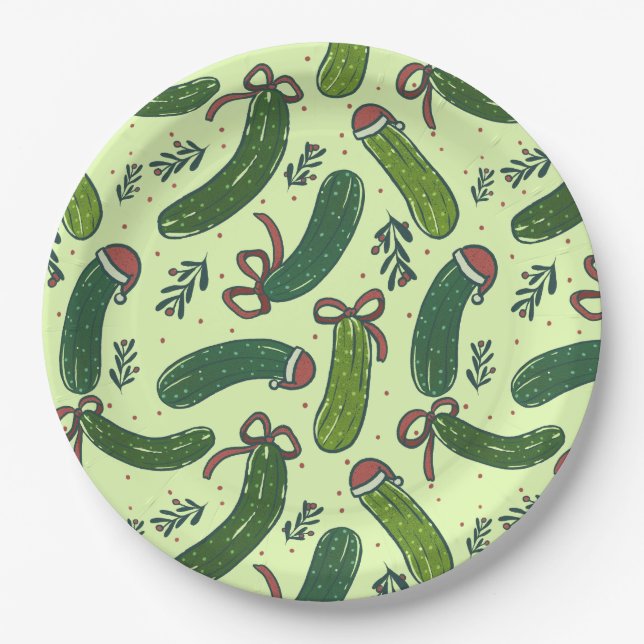 Quirky Festive Christmas Pickles Pattern Paper Plates (Front)