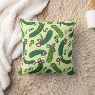 Quirky Festive Christmas Pickles Pattern Throw Pillow