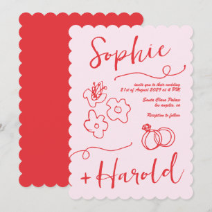 Quirky French Doodle Flowers Retro French Wedding Invitation