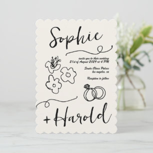 Quirky French Doodle Flowers Retro French Wedding Invitation