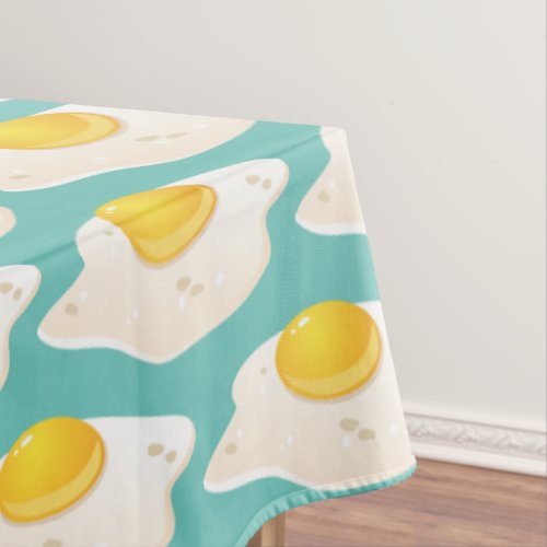 Quirky Fried Egg Graphic Pattern on Teal Tablecloth
