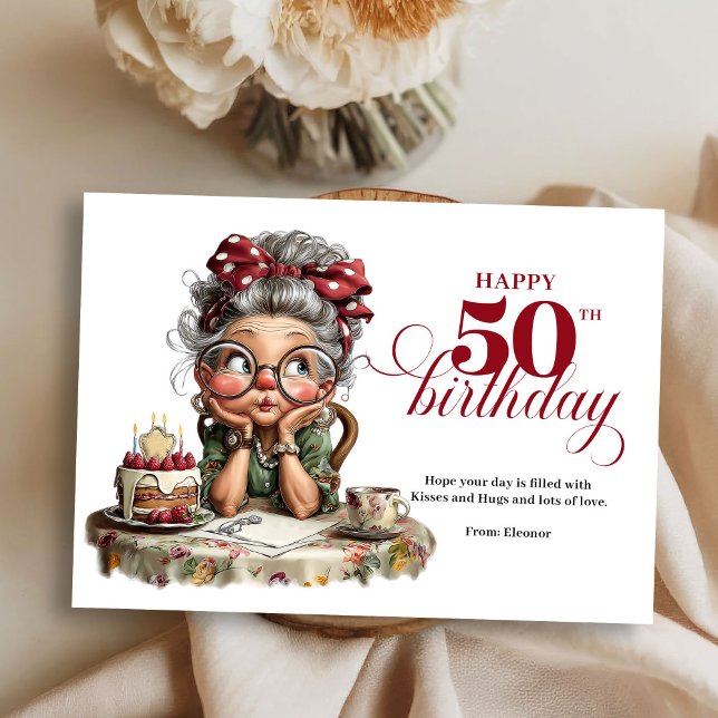 Quirky fun 50 lady greeting whimsical birthday invitation (Quirky fun 50 lady greeting whimsical birthday)
