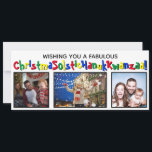 Quirky Fun All Inclusive 3 Photo Primary Colors Holiday Card<br><div class="desc">This quirky and fun holiday card covers all of the bases. The greeting reads "Wishing you a Fabulous ChristmaSolsticHanukKwanzaa!" - blending the words Christmas Solstice, Hanukkah and Kwanzaa into one long word. The text is written out in a whimsical font with alternating primary colors, and there is space to upload...</div>