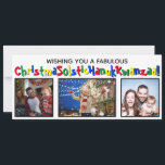 Quirky Fun All Inclusive 3 Photo Primary Colors Holiday Card<br><div class="desc">This quirky and fun holiday card covers all of the bases. The greeting reads "Wishing you a Fabulous ChristmaSolsticHanukKwanzaa!" - blending the words Christmas Solstice, Hanukkah and Kwanzaa into one long word. The text is written out in a whimsical font with alternating primary colors, and there is space to upload...</div>