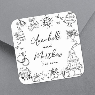 Quirky Fun Hand Drawn Whimsical Wedding Square Sticker