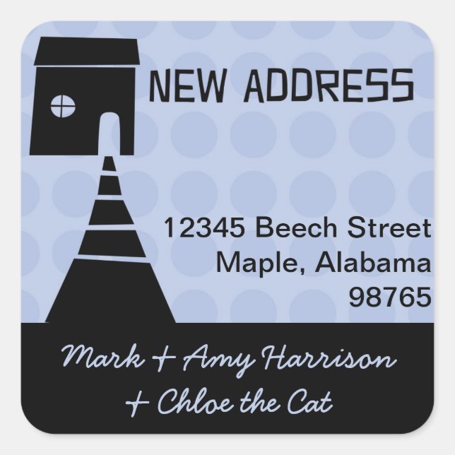 Quirky Fun New Address Blue Square Sticker (Front)