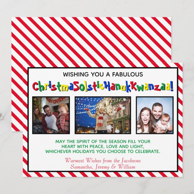 Quirky Fun Three Photo Inclusive Whimsical Holiday Card (Front/Back)