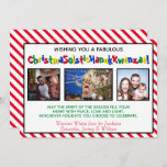 Quirky Fun Three Photo Inclusive Whimsical Holiday Card<br><div class="desc">This fun quirky holiday card features three photos and a humorous politically correct caption reading "Wishing you a Fabulous ChristmaSolsticHanukKwanzaa!" - blending the words Christmas, Solstice, Hanukkah and Kwanzaa into one long funny word. The background is red and whit candy stripes and there is a message reading "May the spirit...</div>