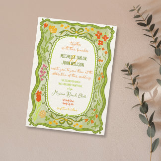 Quirky Fun Whimsical Floral Bow Doodle Hand Drawn  Invitation