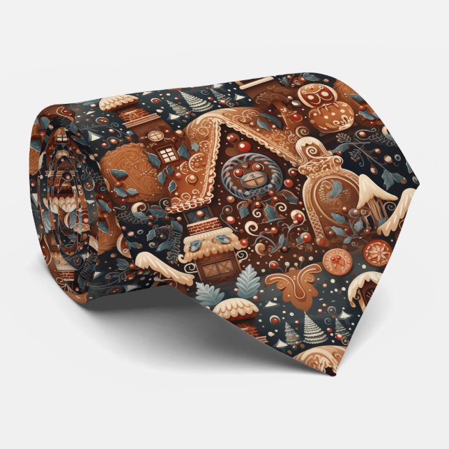 Quirky Gingerbread House Pattern Neck Tie (Rolled)
