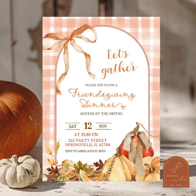 Quirky Gingham Plaid Friendsgiving Bow Pumpkin  Invitation (Creator Uploaded)