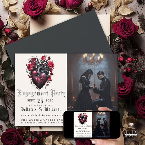 Quirky Goth Heart And Roses Crimson  Invitation