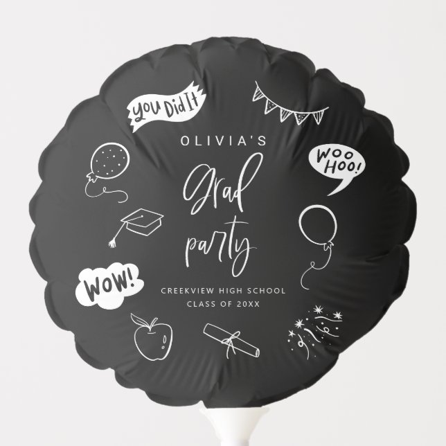 Quirky Graduation Doodle Grad Party Black Balloon (Front)