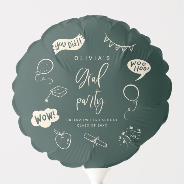 Quirky Graduation Doodle Grad Party Green Balloon (Front)