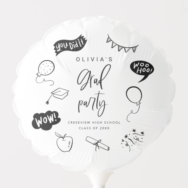 Quirky Graduation Doodle Grad Party White Balloon (Front)