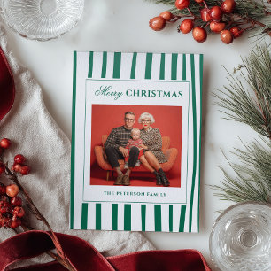 Quirky Green Stripe Retro Merry Christmas Letterpress Photo Cards