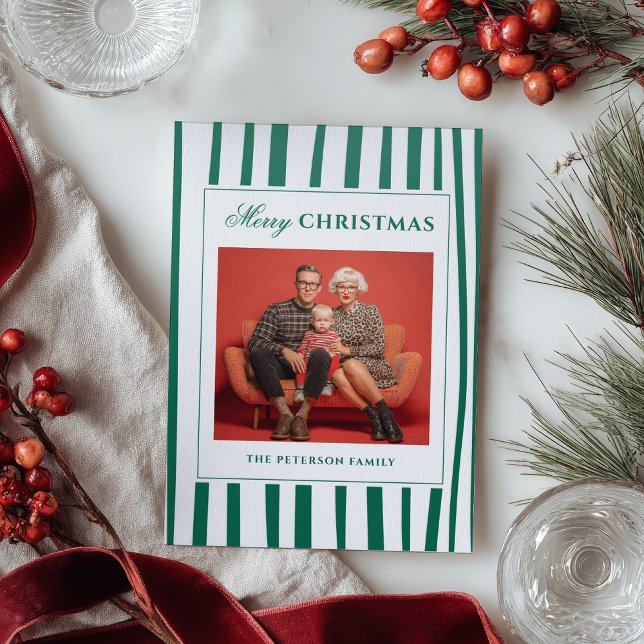 Quirky Green Stripe Retro Merry Christmas Letterpress Photo Cards (Quirky Green Stripe Retro Merry Christmas Letterpress Photo Cards)