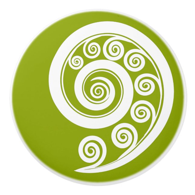 Quirky Green & White Unfurling Fern Frond Ceramic Knob (Front)
