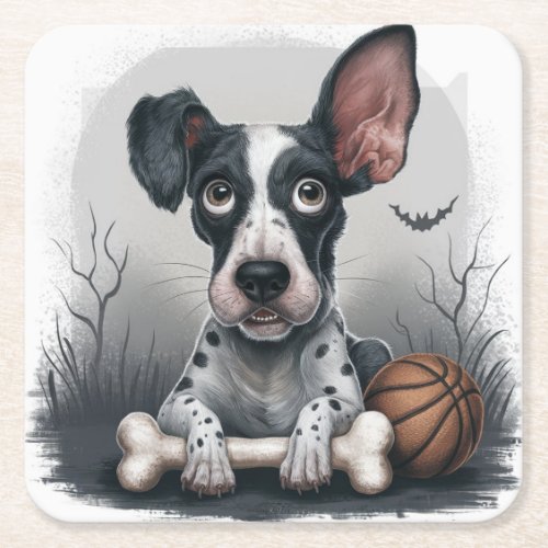 Quirky Halloween Pup Spotted Dog with Basketball  Square Paper Coaster