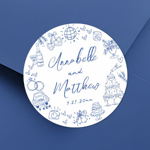 Quirky Hand Drawn Blue Whimsical Wedding Classic Round Sticker